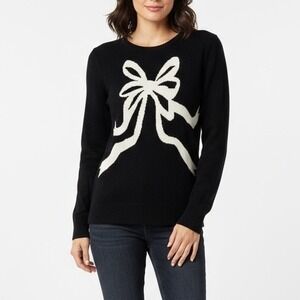 C Wonder Black Knit Sweater Cream Bow Applique Crew Neck Long Sleeve Size S